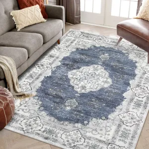 Area Rug 5x7 Washable Rugs Boho Vintage Non Slip Indoor Floor Carpet Low Pile Soft Non Shedding Distressed Carpet for Living Room Laundry Room, Blue