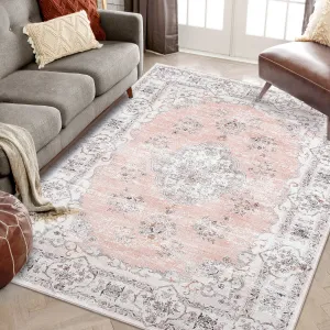 Washable Rugs 10x13 Rugs for Living Room Vintage Floral Carpet Non-Slip Bedroom Rug Soft Low Pile Indoor Distressed Floor Carpet, Pink