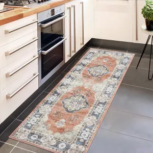 Hallway Runner Rug 2x6 Washable Vintage Floral Area Rugs Non Slip Laundry Rug Runner Distressed Floor Carpet Runners for Hallways Entryway Laundry Room Kitchen Bathroom Rug 2'x6' Orange