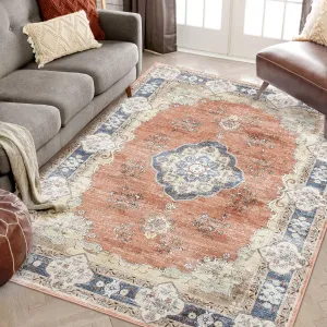 Washable Rugs 9x12 Area Rug for Bedroom Vintage Living Room Rugs Orange Rug Floral Large Area Rug Non Slip Throw Rugs Stain Resistant Carpet for Nursery Office Dining Room 9'x12' Orange