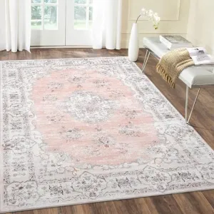 Washable Rug 5x7 Boho Area Rug Non Slip Distressed Rug Low Pile Accent Throw Rugs Stain Resistant Indoor Floor Carpet for Living Room, Pink