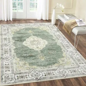 Large Rug 8x10 Machine Washable Area Rug Vintage Distressed Rug Non Slip Soft Rug Boho Living Room Rug Accent Throw Rugs for Dining Room, Green