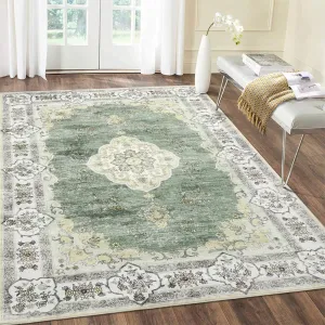 Washable Rug 5x7 Boho Area Rug Non Slip Distressed Rug Low Pile Accent Throw Rugs Stain Resistant Indoor Floor Carpet for Living Room, Green