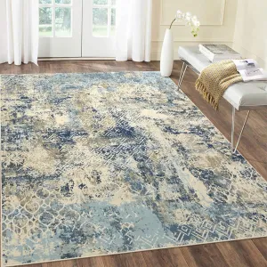 Washable Area Rug 9x12 Non Slip Ultra Soft Modern Distressed Carpet for Living Room Low Pile Foldable Geometric Accent Throw Rug Stain Resistant Indoor Rug for Home Office, Camel/Blue