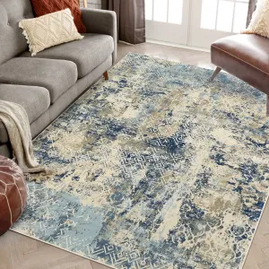 Large Area Rug 10x13 Abstract Rug Machine Washable Area Rug Non Slip Low Pile Rugs Lightweight Rug for Bedroom Living Room, Cream/Blue