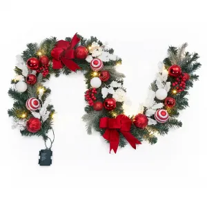 6 Feet Christmas Garland, Pre-Lit Christmas Garland with 20 Lights, Lighted Battery Operated Xmas Garland with Bow Balls Ornaments Berries White Leaves for Mantel Table Porch, Red