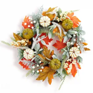 Fall Wreath, 20 Inch Autumn Wreaths for Front Door Fall Decorations Pumpkin Wreath with Maple Leaves Lamb Ear Leaves for Wall Window Outdoor Porch Thanksgiving Harvest Decor