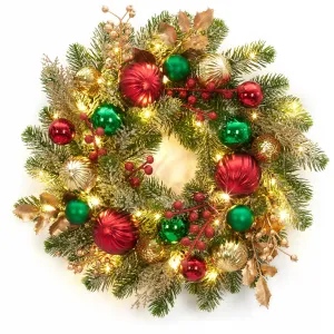 16 Inch Prelit Christmas Wreath for Front Door, Artificial Xmas Wreath with Red Green Gold Ball Ornaments 30 Led Lights Battery Operated for Indoor Outside Fireplace Window Decor