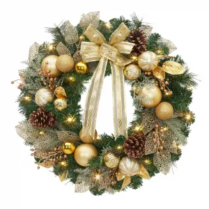 18" Pre-Lit Christmas Wreath with Gold Balls and Bow, Warm White LED Lights, High-Quality PVC, Elegant Golden Leaves, Indoor/Outdoor Front Door Decoration