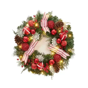 Lighted Christmas Wreath with Pine Cones and Berries, 20 LED Lights, Artificial Durable Material, Striped Bows, Battery Operated, Outdoor Front Door Decor