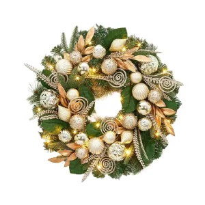 Prelit Christmas Wreath, 24" Artificial Christmas Wreaths Xmas Pine Wreath Garland, Wall Hanging Wreath with Gold Leaves Balls Pine Cones for Front Door Christmas Decorations
