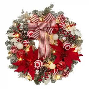 24" Pre-Lit Christmas Wreath for Front Door, Large Artificial Christmas Wreath, Battery Operated Lighted Xmas Wreath for Door Window Indoor Outside Xmas Home Decor, Red and White