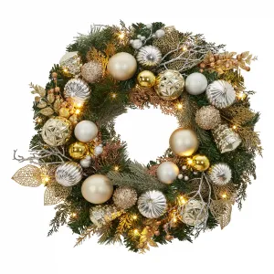 24 In Christmas Wreath With Lights for Front Door, Pre-Lit Christmas Wreath, Battery Operated, Lighted Xmas Door Wreath with Ball Ornaments for Christmas Door Fireplace Decor, Gold & Silver