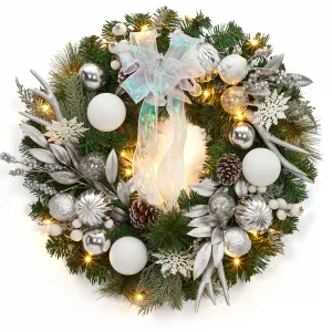 Pre-Lit Artificial Christmas Wreath, Xmas Decorated with Silver White Ball Ornaments Pine Cones, Ribbon Bow, Outdoor Lighted Christmas Wreath for Front Door