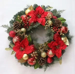 Prelit Christmas Wreath for Front Door, 24" Large Outdoor Christmas Wreath, Battery Operated Lighted Xmas Wreath with Red Gold Balls Artificial Poinsettia for Fireplace Window Wall Decor