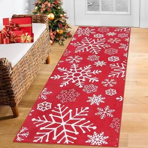 Christmas Area Rug 2x8 Snowflake Pattern Machine Washable Non Slip Polyester Indoor Decorative Accent Rug for Living Room Bedroom Kitchen