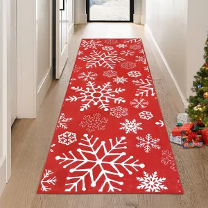 Christmas Runner Rug 2x6 Hallway Runner Rug Red Snowflakes Xmas Runner Washable Kitchen Rug Non Slip Bath Mat Holiday Decor Modern Soft Stain Resistant Carpet for Bedroom Laundry 2'x6' Red