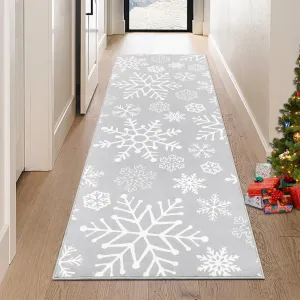 Christmas Runner Rug 2x8 Hallway Runner Rug Snowflake Xmas Runner Kitchen Rug Washable Rug Non Slip Bathroom Rug Modern Soft Low Pile Stain Resitant Carpet for Bedroom Laundry 2'x8' Grey