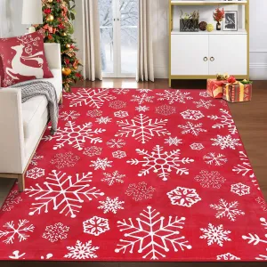 Christmas Area Rug 6x9 Snowflake Pattern Machine Washable Non Slip Polyester Indoor Decorative Accent Rug for Living Room Bedroom Kitchen