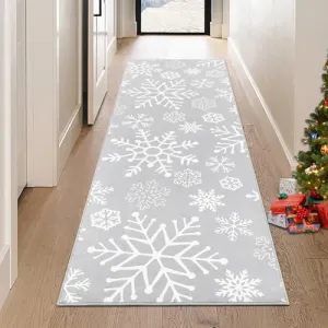 Wahabable Rug 2x6 Rug Runner Christmas Hallway Rug Gray Snowflake Xmas Runner Kitchen Rug Non Slip Bathroom Rug Modern Farmhouse Entryway Rug Soft Carpet for Bedroom Laundry 2'x6' Grey
