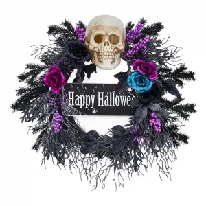 22" Halloween Wreath for Front Door, Halloween Skull Wreath with Lights, Spooky Halloween Wreaths with Black, Blue, Purple Flowers, Indoor/Covered Outdoor Halloween Props Decoration
