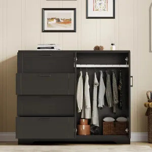 43.3" H Armoire Wardrobe Closet with Anti-Tip & Smooth Sliding Rails, Hanging Rod, Multifunctional Wooden Dresser with Storage Closet, Bathroom Cabinet for Bedroom, Black