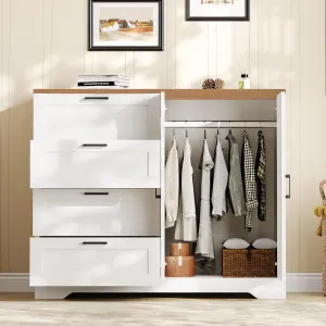 Multifunctional Wooden Dresser for Bedroom, 43.3'' H 2 Door Wardrobe Armoire Closet with 4 Drawers and Hanging Rod, Low Storage Cabinet for Hanging Cloth, White and Brown