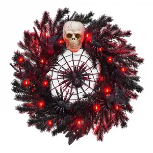 22” Halloween Wreath with Lights, Black Twig Wreath with Scary Skull and Spider, Artificial Halloween Party Decorations for Front Door Indoor Outdoor Wall Window Porch