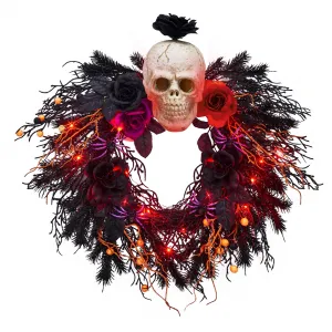 22" Halloween Wreath with Spooky Skeleton, LED Lights, Durable PVC, Black Red Blue Flowers, Gothic Decor for Front Door Porch
