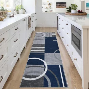 Modern Navy Blue 2x6 Geometric Washable Rug, Non Slip Low Pile Stain Resistant Carpet for Living Room & Bedroom