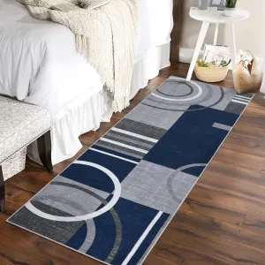 Modern Navy Blue 2x8 Geometric Washable Runner Rug Non-Slip Stain-Resistant 100% Polyester Low Pile Durable Edges for Hallway Kitchen Bedroom