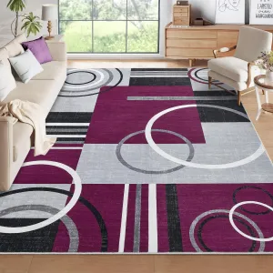 Modern Purple 8x10 Geometric Washable Rug with Non-Slip Backing, Stain-Resistant Faux Wool Carpet for Living Room Bedroom Office