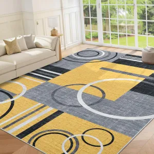 Modern Yellow 9x12 Large Area Washable Rugs, Non-Slip Low Pile Soft Abstract Circle Pattern Durable Stain Resistant Yellow Living Room Bedroom