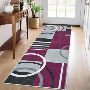 Modern Purple 2x6 Washable Runner Rug Modern Circle Pattern Non-Slip Low Pile Soft Fabric Durable Indoor Floor Carpet for Hallway Kitchen Bedroom Entryway