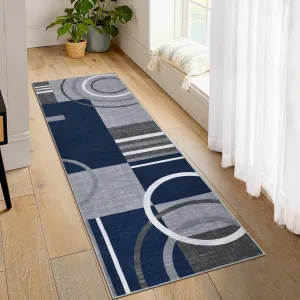 Modern Navy Blue 2x10 Abstract Runner Rug Non-Slip, Washable, Low Pile, Soft Fabric, Durable, Navy, Indoor Hallway and Bedroom