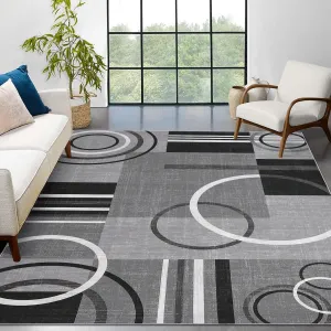 Modern Grey 9x12 Geometric Washable Large Rug, Non Slip Low Pile Stain Resistant Carpet for Living Room & Bedroom