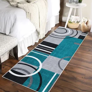 Modern Turquoise 2x8 Abstract Kitchen Runner Rug Non Slip Soft Washable Polyester Modern Geometric Circles Lightweight TPE Backing Laundry Bathroom Bedroom