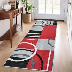 Modern Red 2x6 Washable Runner Rug Abstract Geometric Non-Slip Stain-Resistant 100% Polyester Low Pile Red Hallway Kitchen Bedroom