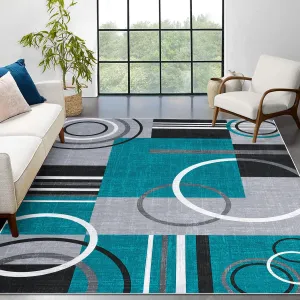 Modern Turquoise 3x5 Washable Geometric Rug- Non-Shedding, Stain Resistant - 100% Polyester, Non-Slip Backing - Kid & Pet Friendly, Machine Washable - Living Room, Bedroom, Office