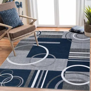 Modern Navy Blue 3x5 Washable Geometric Rug Non-Shedding, Stain Resistant - 100% Polyester - Non-Slip, Machine Washable - Navy - Living Room, Bedroom