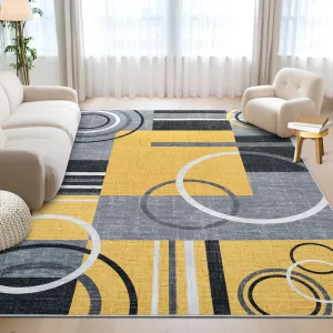 Modern Yellow 5x7 Area Washable Rugs, Abstract Low Pile Non-Slip Stain Resistant Soft Carpet for Living Room Bedroom Home
