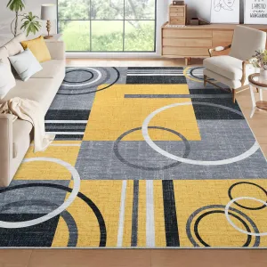 Modern Yellow 4x6 Area Rugs, Abstract Circle Washable Non-Slip Low Pile Soft Durable Indoor Living Room Bedroom