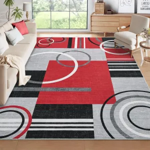 Modern Red 8x10 Geometric Area Rug with Non-Slip Backing, Washable Stain-Resistant Faux Wool, Foldable Thin Carpet for Bedroom, Office, Living Room