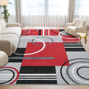 Modern Red 6x9 Washable Abstract Circle Rug for Living Room - Non-Slip, Low Pile - Soft, Stain Resistant - Durable, Non-Shedding - Red - Home Decor