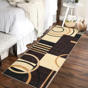 Modern Brown 2x10 Runner Rugs- Non Slip, Abstract Kitchen Machine Washable - Polyester, Low Pile, Lightweight - Hallway, Bathroom, Bedroom Use