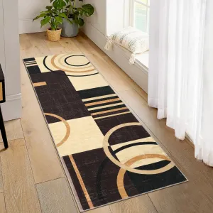 Modern Brown 2x8 Washable Runner Rug Circle Pattern Non-Slip Low Pile Soft Fabric Durable Indoor Hallway Kitchen Bedroom Entryway