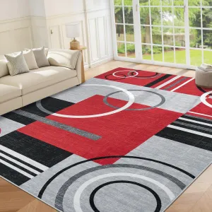 Modern Red 9x12 Large Area Washable Rugs,Non-Slip Low Pile Soft Stain Resistant Abstract Circle Red Living Room Bedroom