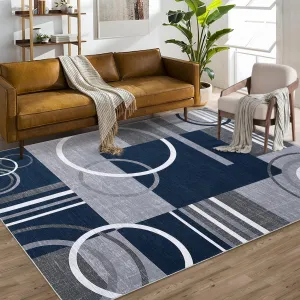 Modern Navy Blue 10x13 Area Rug Geometric Pattern Non-Slip Low Pile Synthetic Fiber Washable Modern Farmhouse Blue Living Room Dining Office