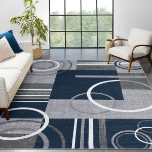 Modern Navy Blue 8x10 Geometric Washable Rug, Non Slip Low Pile Stain Resistant Carpet for Living Room & Bedroom