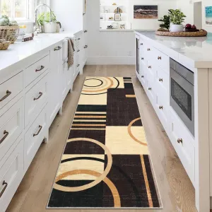 Modern Brown 2x6 Runner Rugs, Abstract Circle Design Kitchen Rug Non Slip Washable Area Rug Soft Accent Rug Living Room Rug Throw Rugs for Bathroom Bedroom